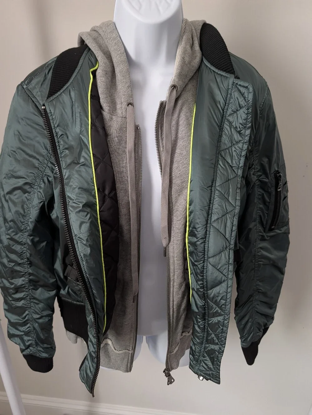 Men's Quilted Bomber Jacket in Deep Green with Grey Hoodie Layer